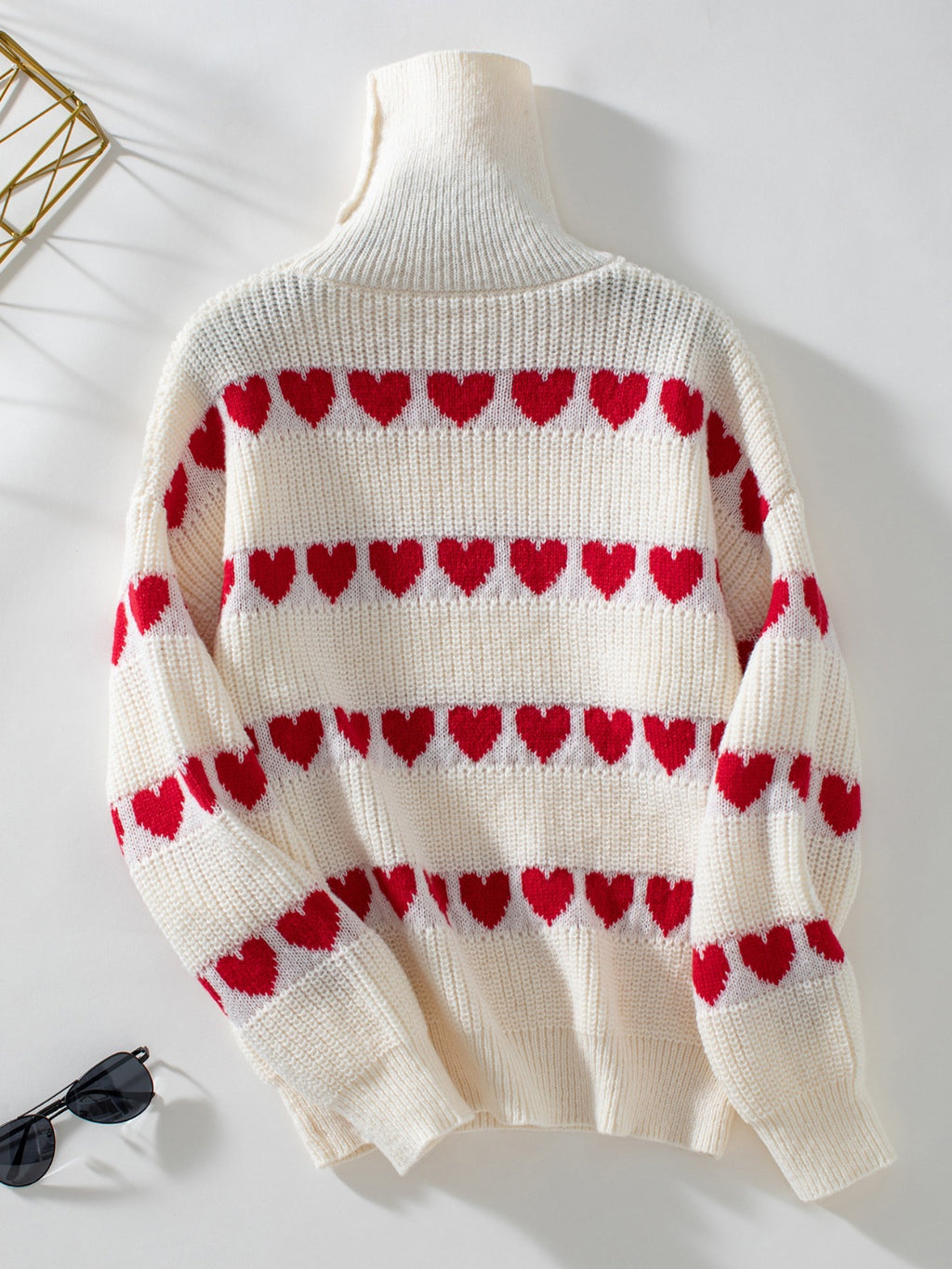 Heart Turtleneck Dropped Shoulder Sweater