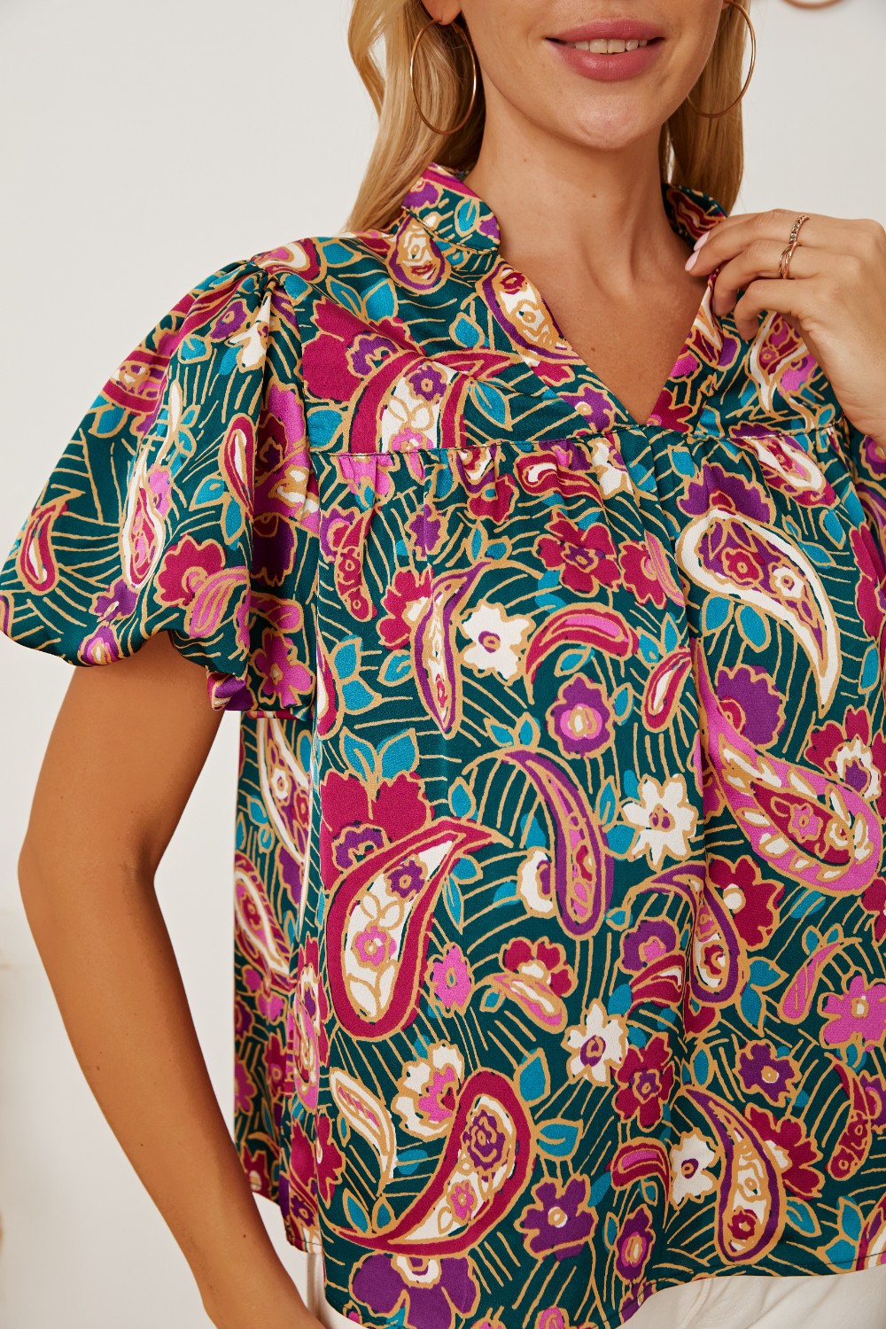 Floral Collared Neck Short Sleeve Blouse