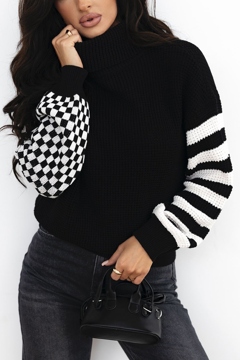 Striped & Checkered Turtleneck Dropped Shoulder Sweater