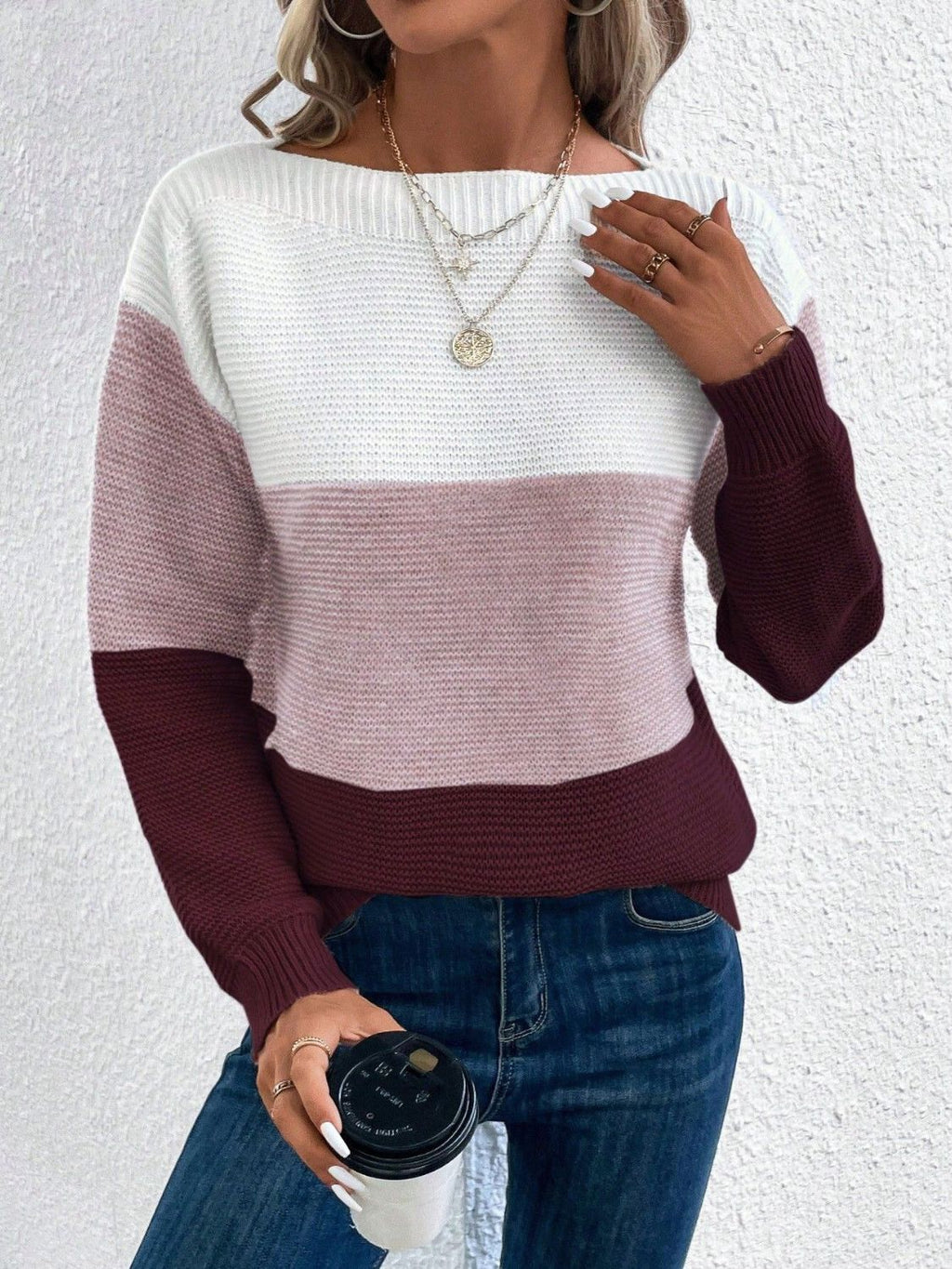 Color Block Boat Neck Sweater