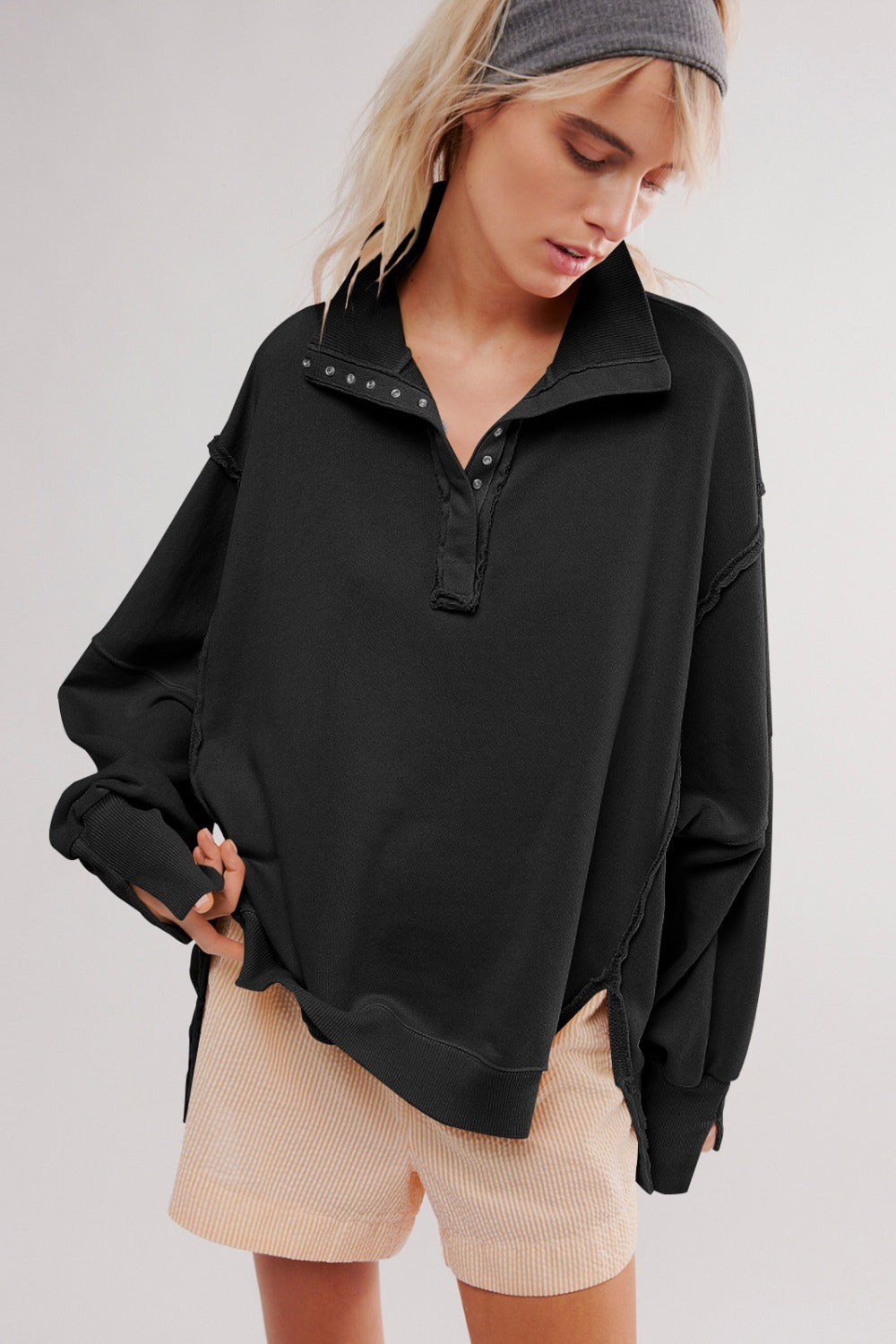 Exposed Seam Side Slit Long Sleeve Sweatshirt