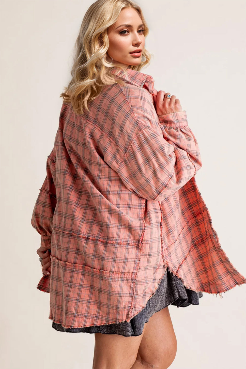 Exposed Seam Plaid Collared Neck Long Sleeve Shirt