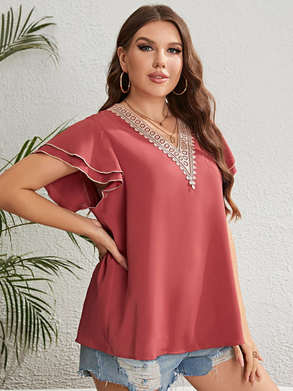 Honey Plus Size Contrast V-Neck Layered Flutter Sleeve Blouse