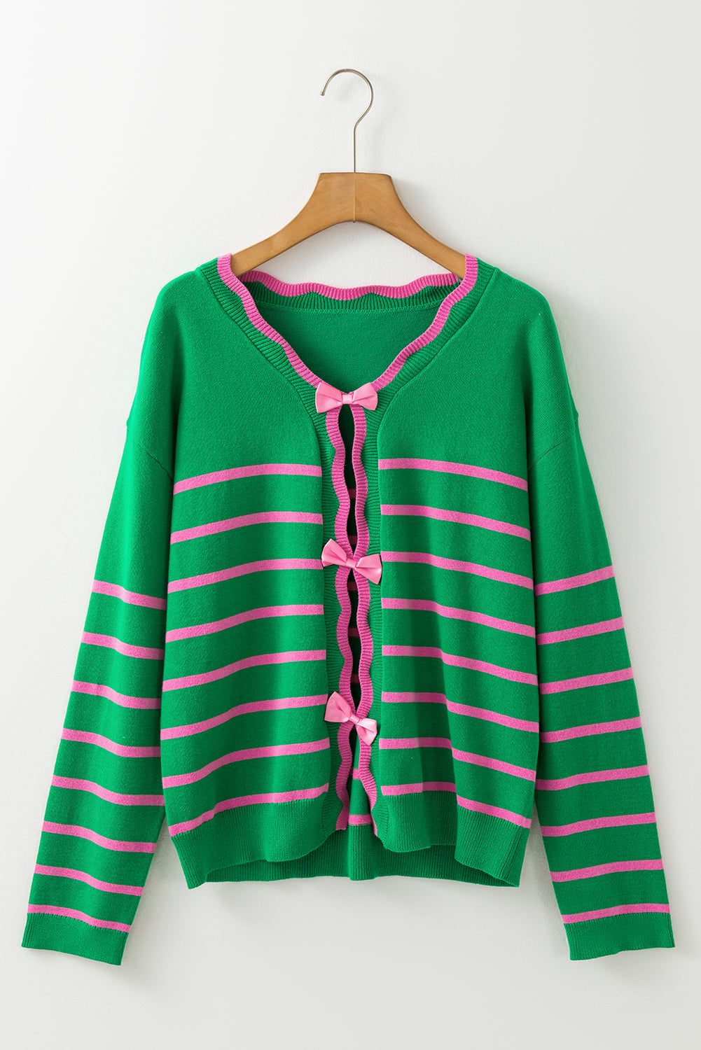 Bow Striped V-Neck Long Sleeve Cardigan