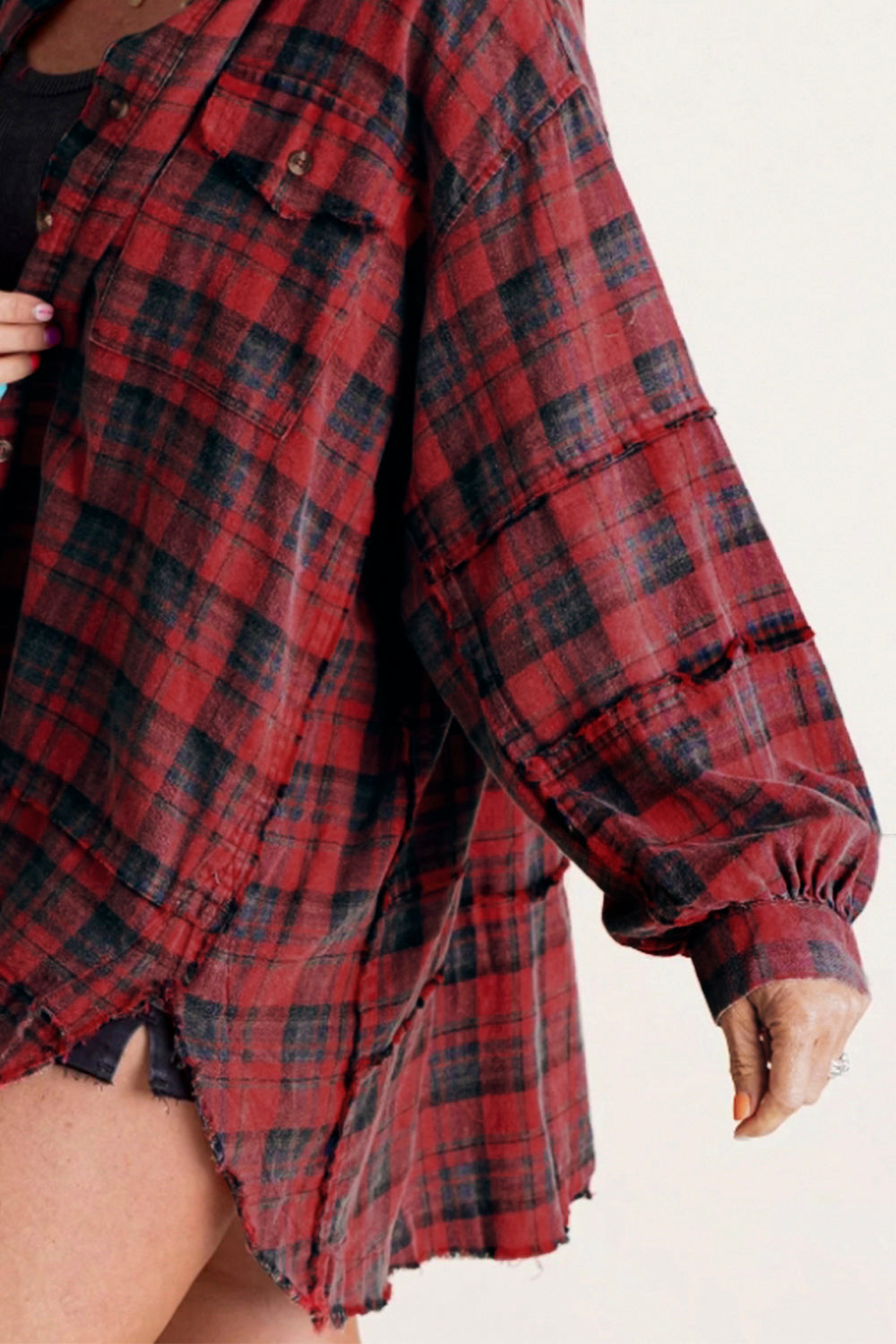 Exposed Seam Plaid Collared Neck Long Sleeve Shirt