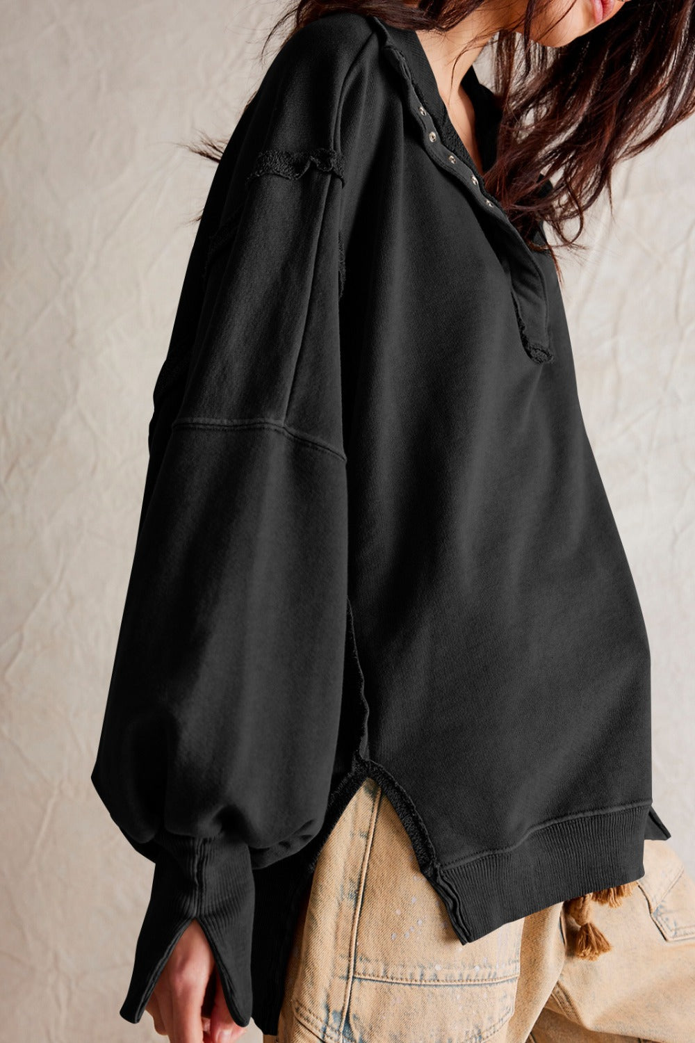 Exposed Seam Side Slit Long Sleeve Sweatshirt