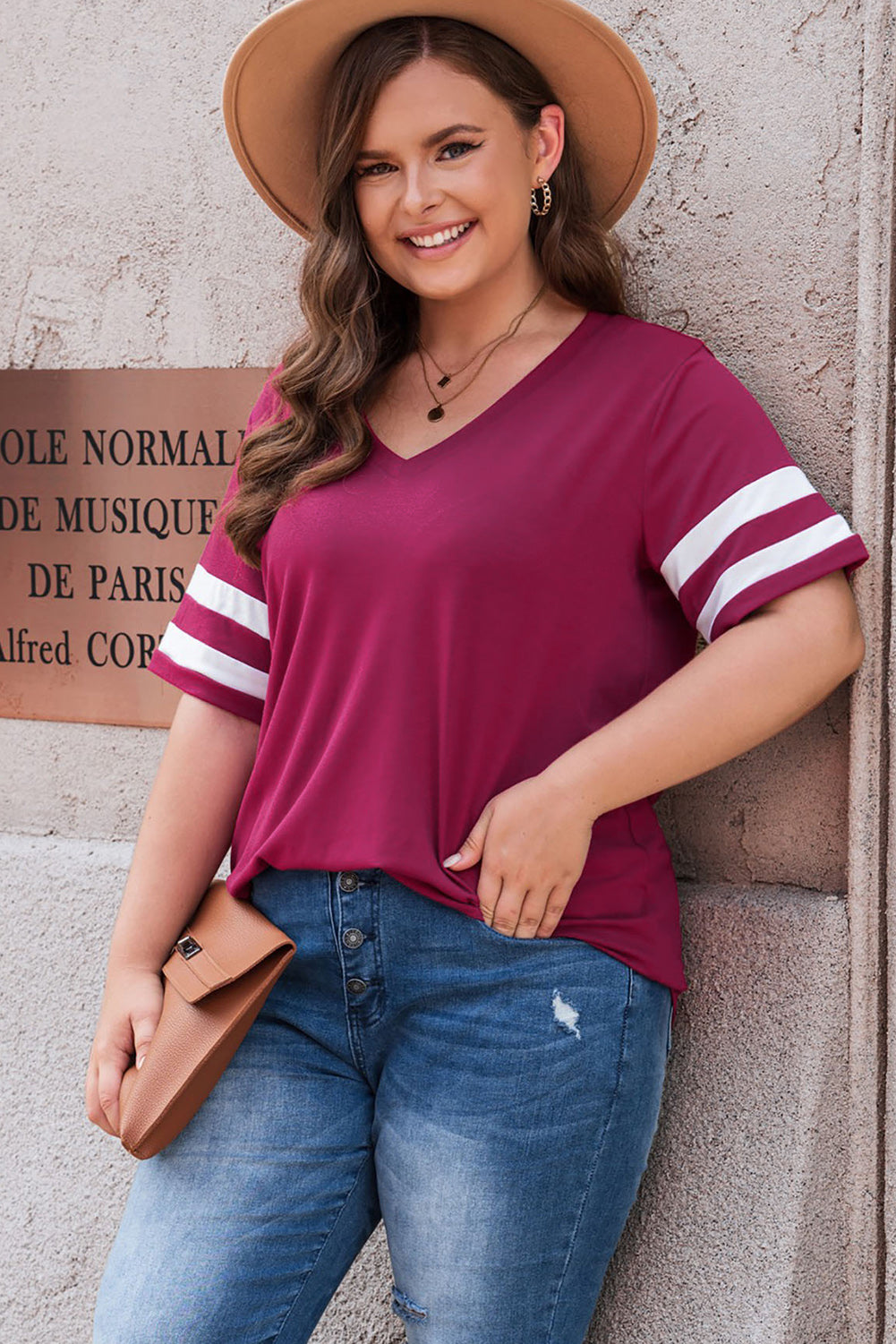 Plus Size Striped V-Neck Tee Shirt