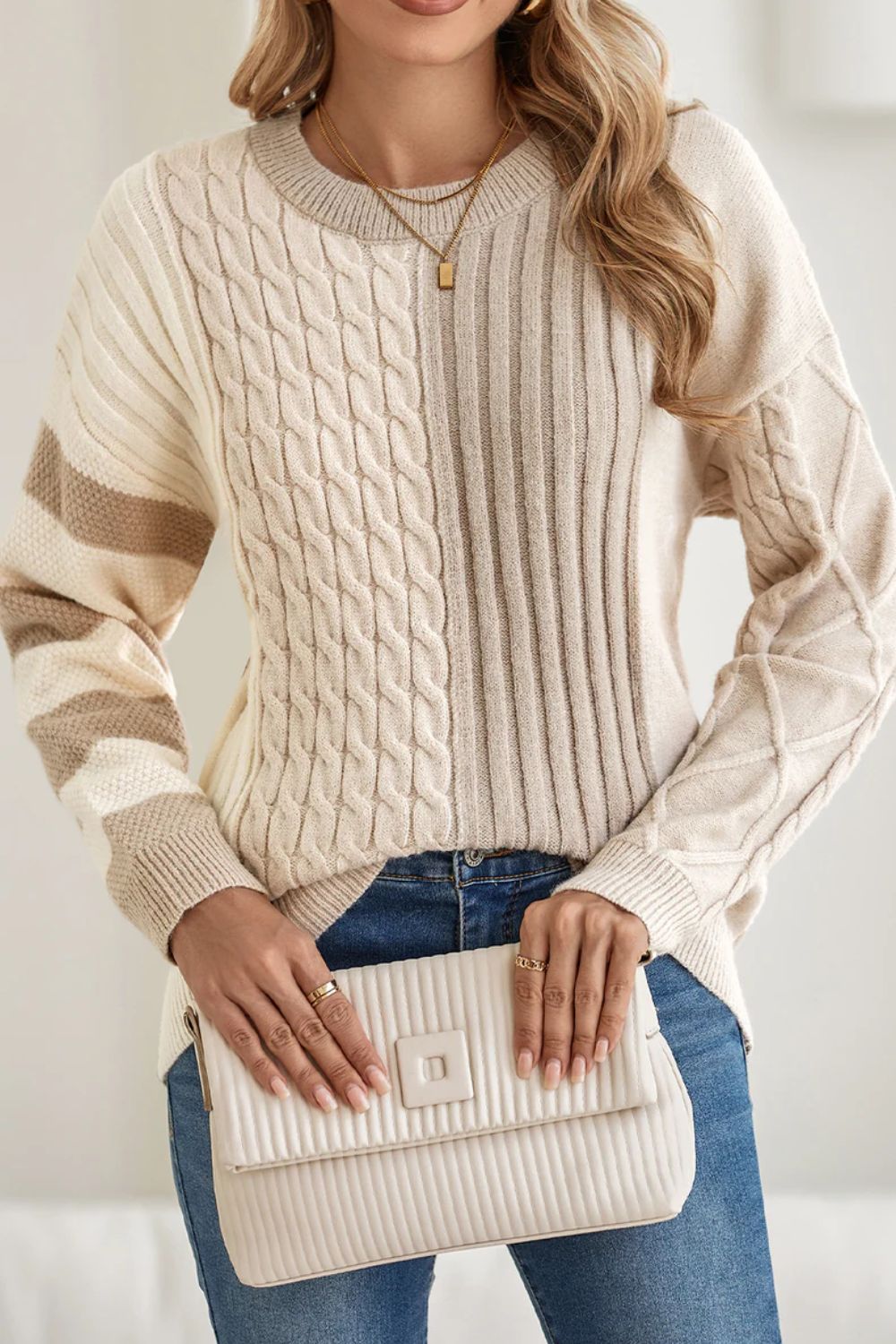 Cable-Knit Color Block Round Neck Sweater